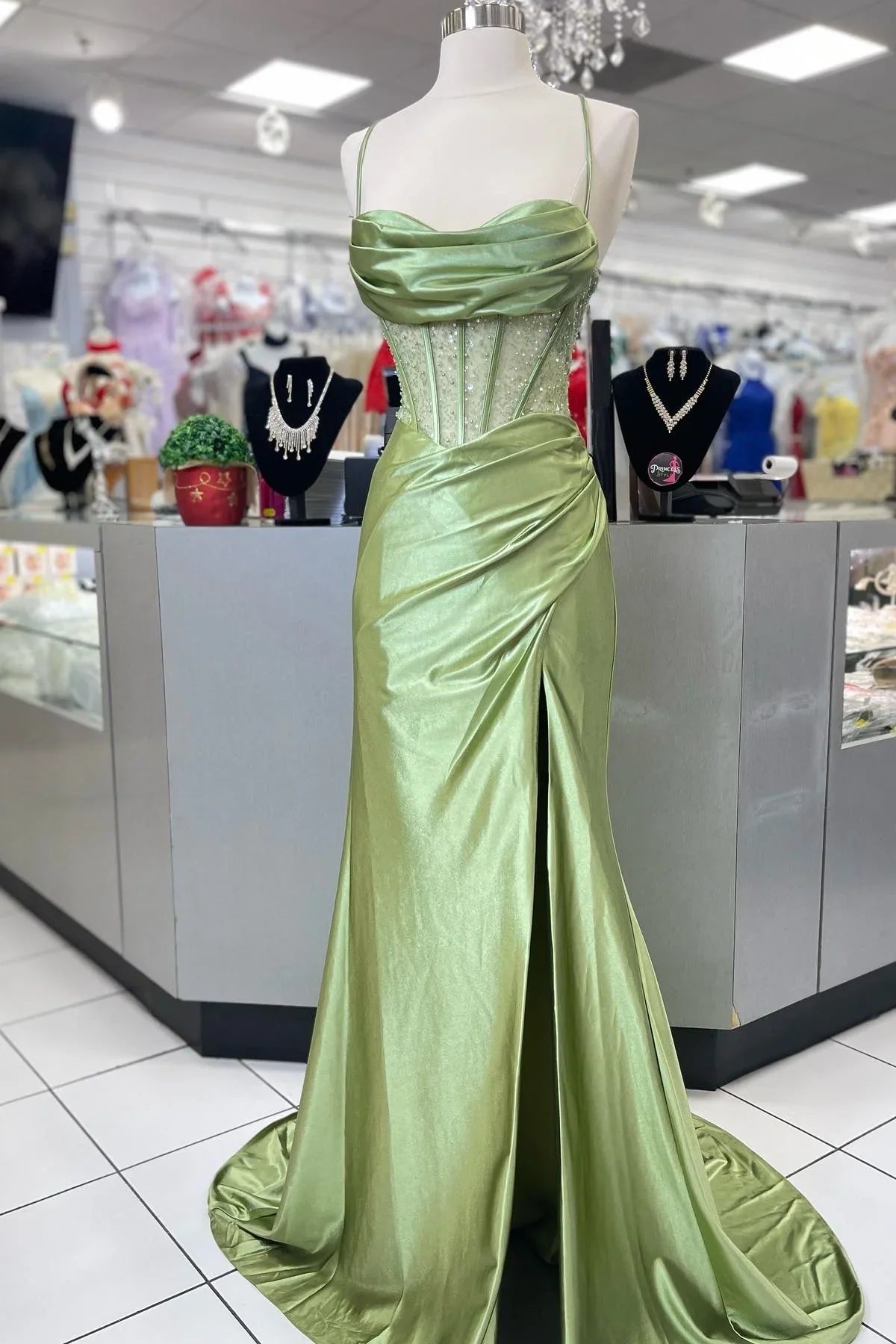 Weitese Dress Hot Mermaid Spaghetti Straps Green Long Prom Dress with Criss Cross Back